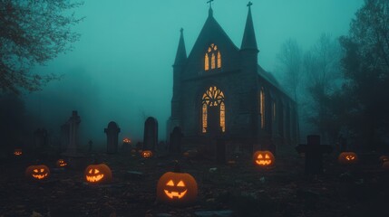 A fog-filled graveyard at midnight, featuring an unsettling church formed from reassembled ruins, with glowing jack-lanterns scattered nearby