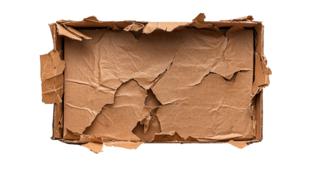 Close-up of a crumpled, worn cardboard box on a white background for packaging concept. transparent background