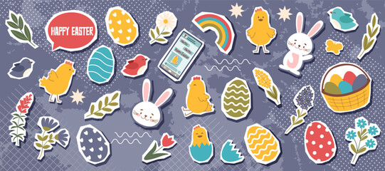Naklejka premium Set of Easter objects stickers. Easter trendy collection. Vector hand drawn cliparts.