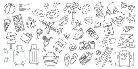 Set of summer travel objects isolated on white background. Travel vacation concept. Vector flat hand drawn cliparts in line art style.