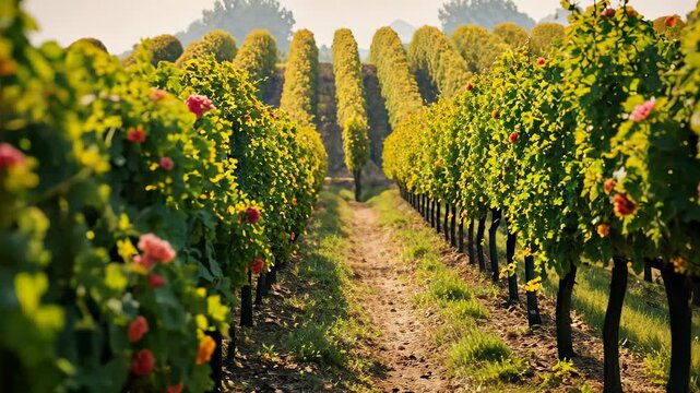 Explore the vibrant grapevine rows filled with blooming flowers in a sunlit vineyard during late spring