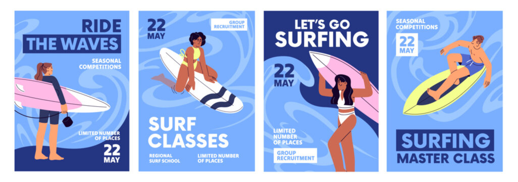 Surfing event poster designs set. Template of surfers' school, lessons, master class advertising. People training with surfboard at sea, ride on board at ocean in summer. Flat vector illustrations