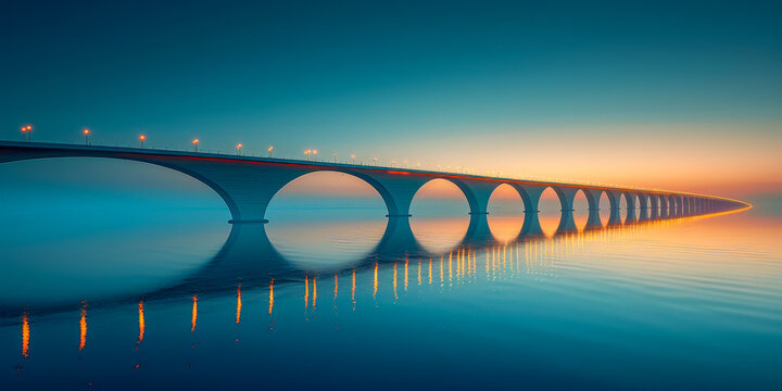 Serene dawn at arched stone bridge