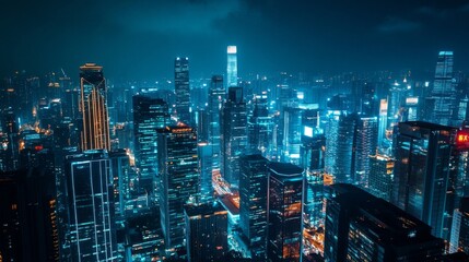 Fototapeta premium A vibrant cityscape at night, illuminated skyscrapers and glowing lights forming a breathtaking panorama