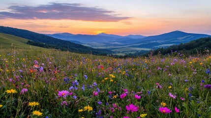 Obraz premium Colorful wildflowers bloom in a green mountain meadow at sunset with rolling hills in the background.