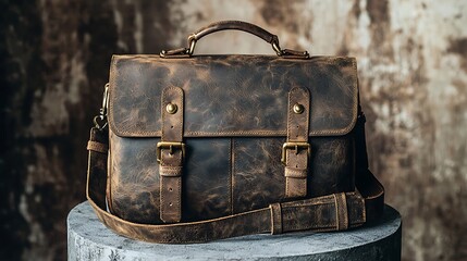 Rustic Leather Briefcase Studio Shot, Textured Background