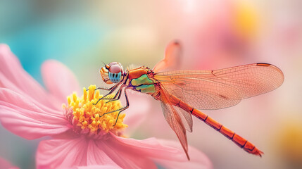 Delicate Red Dragonfly Resting on Pink Cosmos Flower, Nature Macro Photography