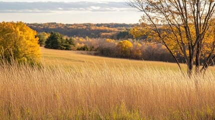 Fototapeta premium A golden hour autumn field with tall grass swaying in the breeze, and a blurred tree line offering a serene backdrop for text