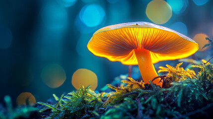 Luminescent Orange Mushroom Against Blurred Dark Background, Magical Forest Scene