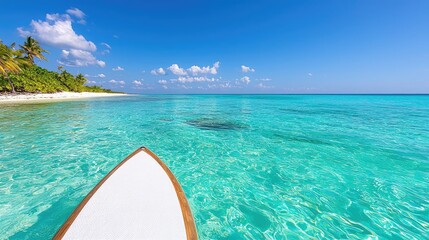 Tropical beach paddleboarding, turquoise water, sunny sky, palm trees. Vacation imagery