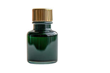 Small green glass bottle with golden cap reflecting light on a white background