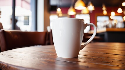 Fototapeta premium white coffee mug stands on wooden table in coffee shop