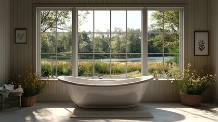 Fototapeta premium A serene bathroom with a freestanding tub and large windows overlooking a peaceful landscape.