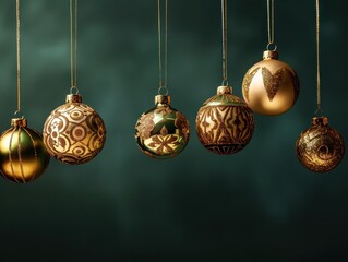 Golden Christmas baubles with various festive patterns on display.