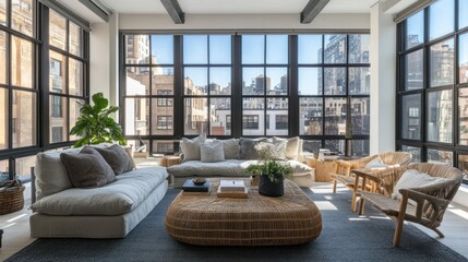 A loft-style living room with industrial windows, soft gray sofas, a large woven rattan table, and a thick, dark gray carpet.