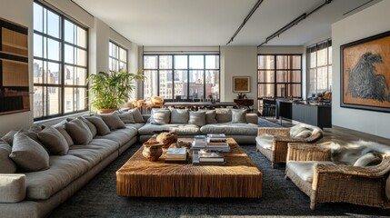 A loft-style living room with industrial windows, soft gray sofas, a large woven rattan table, and a thick, dark gray carpet.