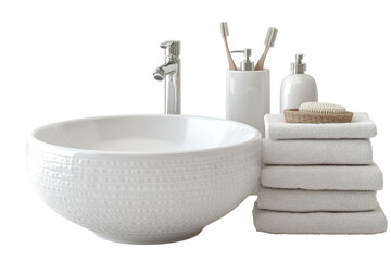 Modern bathroom setup featuring a sleek basin, plush towels, and essential toiletries in a minimalist style