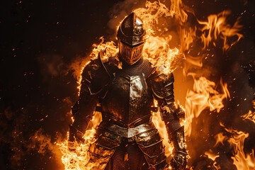 Fantastic beautiful royal knight in iron armor guards castle chambers, abstract vivid composition consists of fictional unreal fantastic vision on background