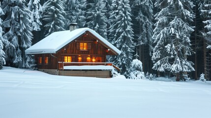 A  winter cabin with warm light spilling from the windows, surrounded by snow-covered pine trees and a gentle snowfall.
