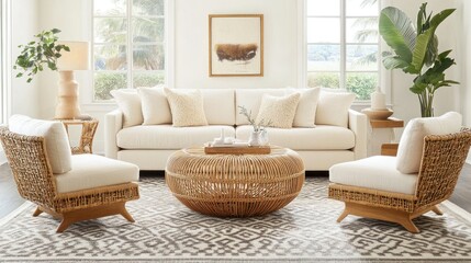 A modern boho living room featuring cream-colored furniture, a unique rattan center table, and a plush patterned rug.