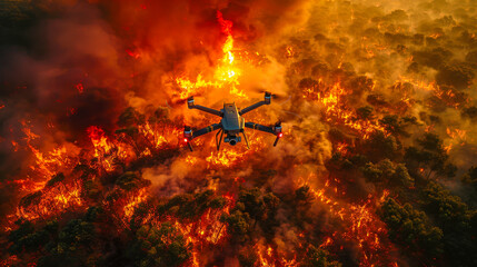 Dart drone soaring over devastating forest fire at dusk