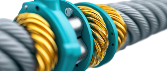 Close-up of industrial cable with intricate metal threading and vibrant colors. transparent background