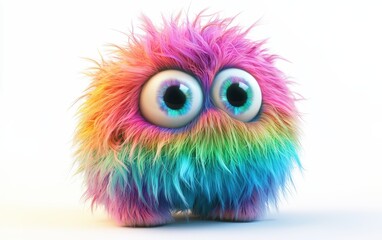 Fototapeta premium Soft, colorful monster with a rainbow-colored fur and wide eyes, placed on a pure white backdrop