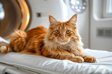 A cat sits calmly on the bed of an MRI machine, awaiting a scan in a veterinary medical setting.