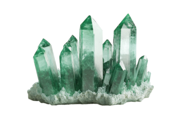 Green crystals form a stunning cluster with sharp points and clear facets, showcasing natural beauty and geometric shapes