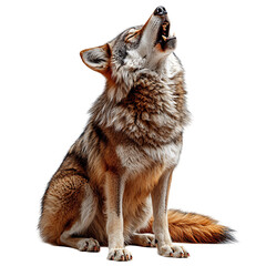 A wolf howling, showcasing its majestic fur and expressive posture against a transparent background.