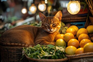 Serene Abyssinian cat in a lively night market scene