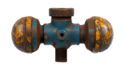 Rusty blue and orange industrial valve with a unique design and weathered texture. transparent background