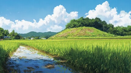 A rice field next to a small hill, with green stalks glowing in the light and a few white clouds in a bright blue sky.