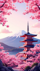 Traditional Japanese Pagoda and Mount Fuji at Sunrise, Serenity in Spring