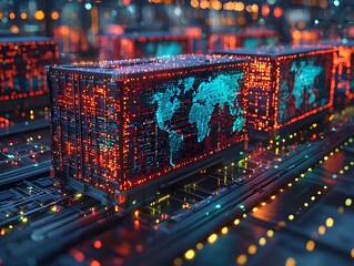 Futuristic Logistics Control Tower with Holographic Maps Coordinating Global Freight Movement