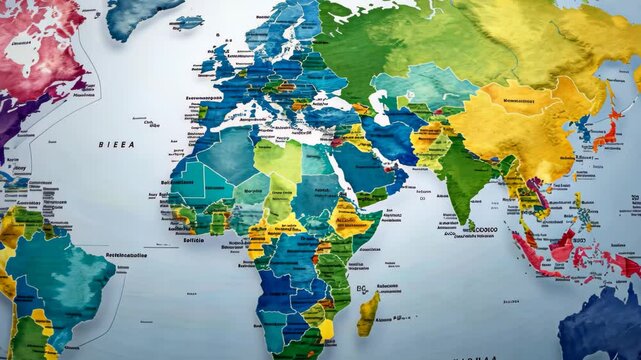 Explore a colorful political world map with vibrant regions, clearly labeled countries and territories, showcasing global diversity, perfect for education or travel planning purposes