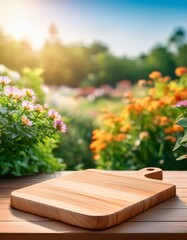Fototapeta premium Scenic Wooden Tabletop, Summer Landscape, Flower Meadow, Hills, Generated image