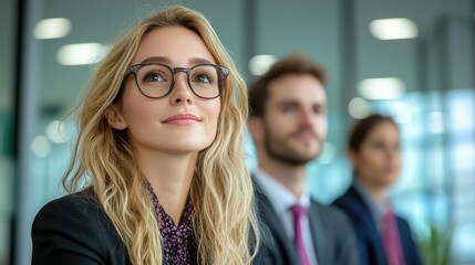 Obraz premium Businesswoman and colleagues attentively listening to presentation in modern office