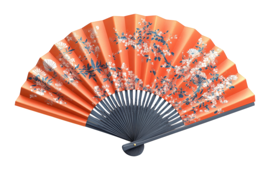 Handcrafted orange fan with floral design and intricate detailing, perfect for decor or personal use