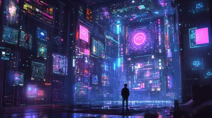 A lone figure stands in a vibrant, futuristic cyberpunk city at night, surrounded by glowing neon lights and towering structures