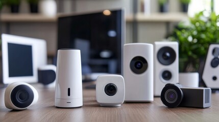 Variety of Modern Wireless Security Cameras on Wooden Desk