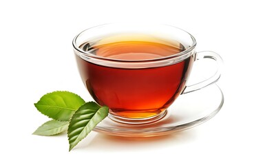 a glass cup of tea with a green leaf