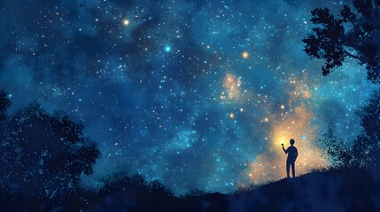 Fototapeta premium Lone Figure Gazing at a Starry Night Sky
