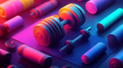 Colorful dumbbells and weights on fitness mat.