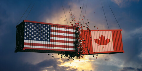 USA and Canada relation. US of America and canadian flags crashed containers on sky. © Rawf8