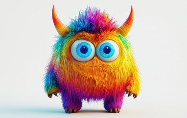 Fototapeta premium 3D funny fluffy rainbow-colored monster with horns and big blue eyes, cartoon character standing on a bright white background