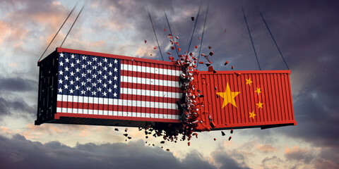 USA and China trade war. US of America and Chinese flags crashed containers on sky. © Rawf8