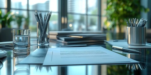 Modern Office Workspace: Desk with Documents, Pens, and Glass of Water