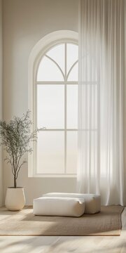 A serene minimalist interior with an arched window, soft curtains, a potted plant, and cushioned seating in natural light.