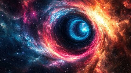 A colorful cosmic swirl depicting a black hole surrounded by vibrant nebulae and stars, illustrating the beauty and mystery of the universe.